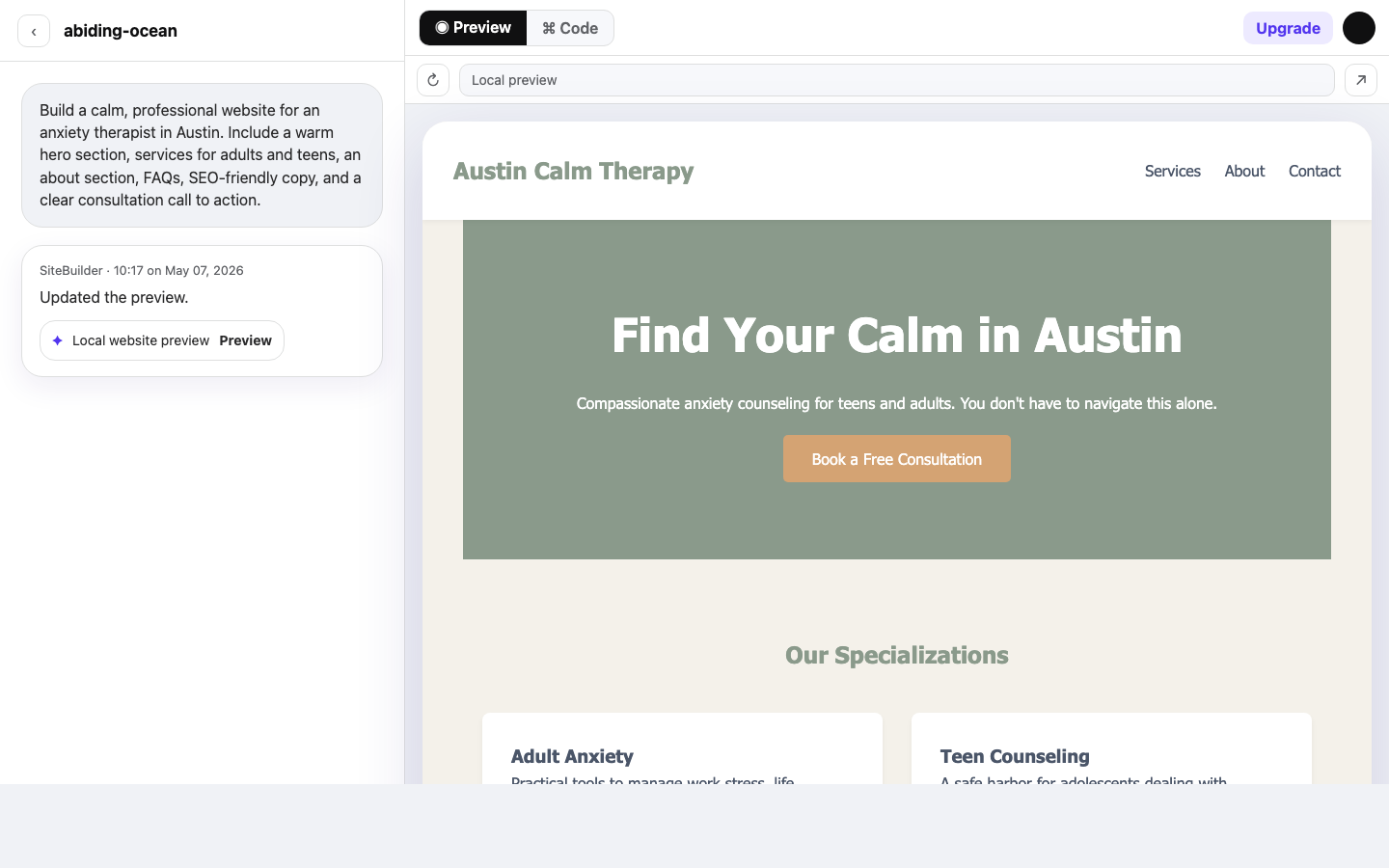 TherapySite AI — AI-generated therapy practice website preview